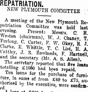 REPATRIATION. (Taranaki Daily News 14-12-1920)