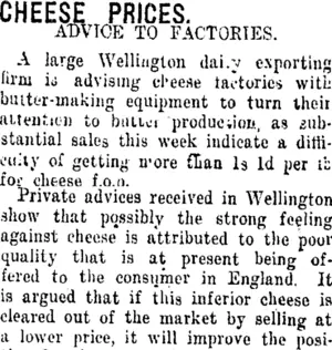 CHEESE PRICES. (Taranaki Daily News 14-12-1920)