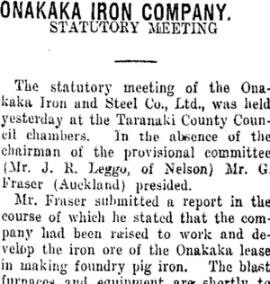 ONAKAKA IRON COMPANY. (Taranaki Daily News 18-12-1920)