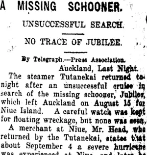 A MISSING SCHOONER. (Taranaki Daily News 10-12-1920)