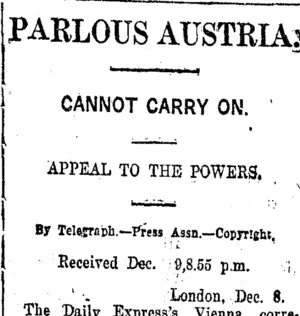 PARLOUS AUSTRIA. (Taranaki Daily News 10-12-1920)