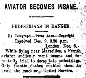 AVIATOR BECOMES INSANE. (Taranaki Daily News 10-12-1920)