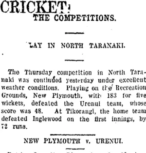 CRICKET. (Taranaki Daily News 10-12-1920)