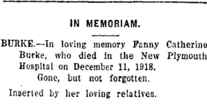 IN MEMORIAM. (Taranaki Daily News 11-12-1920)