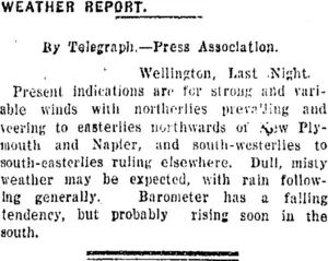 WEATHER REPORT. (Taranaki Daily News 11-12-1920)