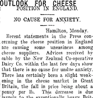 OUTLOOK FOR CHEESE. (Taranaki Daily News 11-12-1920)