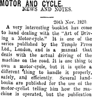MOTOR AND CYCLE. (Taranaki Daily News 11-12-1920)