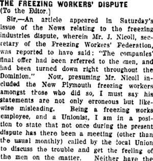 THE FREEZING WORKERS' DISPUTE. (Taranaki Daily News 13-12-1920)