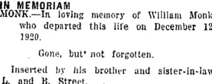 IN MEMORIAM. (Taranaki Daily News 13-12-1920)