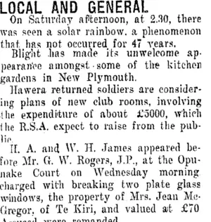 LOCAL AND GENERAL. (Taranaki Daily News 13-12-1920)