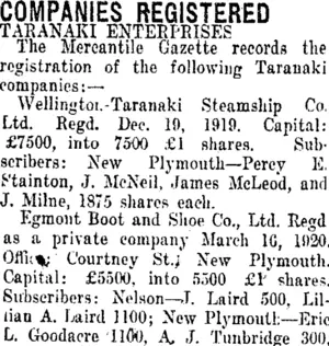 COMPANIES REGISTERED. (Taranaki Daily News 13-12-1920)