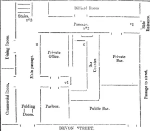 SKETCH PLAN OF CRITERION HOTEL.  The; above sketch plan will give some idea of the positions of tho different parties when Wallath was captured by Mr Harold Thomson. The accused is represented by an astemk {*), wboeuterefl tho hotol by the side door(*l). He then passed Mr Simmons (marked s), who was standing talking to Mrs Cottier (marked c), who was insido the bar. Wallath here presented a pistol at Mra Cottier (*2). and then walked along tho passage, Mr H. Thomson was at the side bar (m arkeft Tl), between the privato office and the parlor. Seeing what was transpiring, he ran into the main passage and towards the stairs, where he met Wallath, and t��w encounter took place C 3). Mr Holmes followed, and wab at tho spot marked h when tho pistol was fired. The three fell ou tht floor, with Wallath under, at tho spot (marked t'3) where the first eneouuter took place. (Taranaki Herald, 06 October 1893)