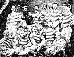 Hcmus and Hanna, photo.  The Auckland Football Club's Fifteen of 1875.  THF FIRST TEAM OF FOOTBALLEBS TO TOUK THE COLONY.  Bade Bow (standing)-F. Earl, W. Gudgeon, the Beferee, B. Ellis, H. Henderson, W. Cupsen, K. Peacock, E. Burgess, F. Pilling. Middle Row���Dacre, P. Abraham, D. Nolan. Front Eovj���W. Woon, Q-. Carter, 6. Dunnett, H. Whittaker, (F. Bharland, absent). (Observer, 02 September 1899)