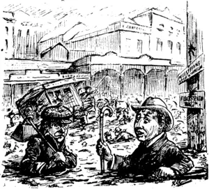 OH, WON'T IT BE JOYFUL���QUEEN-STREET AFTER RAIN%  Tommy Tot: By Jove, Charley, won't it be grand when we have the asphalt roads and footpaths, and the electric cars running? " Waitekauri every twit.'* (Observer, 19 April 1902)