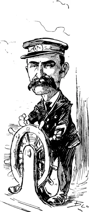 AT THE WHEEL.  A sketch on the s.s. Rotomahatia. (Observer, 16 August 1902)