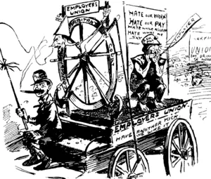 NEW USE FOR A KNIGHT TEMPLAR.  The Labour Unions have asked the Employers to cooperate in making the Labour Day procession a success. It m suggested that the Employers should send a trolly, as a trophy, showing, as afriqhtfiil example, their secretary bro/fen on the labour wheel, ' r (Observer, 06 September 1902)
