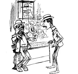 Binks : Say, old chap, better come in now and get that hat you wov from mcm Jinks: Thanks, dear boy, I'm with you. fee chosen one of those fashionable panamas���only o,>s (fin-works). (Observer, 27 September 1902)