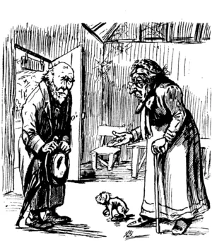 THE END JUSTIFIES THE MEANS.  Joan : What is this, Darby / Where is the rest of your Old Age. pension ? Stirely ymt have not been drinking ? ' '  Darby: It's all I gof, Joan. I had to giro the remainder fo the Seddon testimonial. (Observer, 08 March 1902)