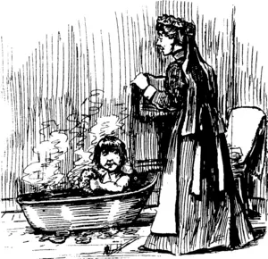 AT THE HOSPITAL.  Tiny Patient: My pa. ha<i a bath n/iee.  Nurse : Yes ?  Tiny Patient: )es; he fell into th" dork last sttmnirr, (Observer, 08 March 1902)