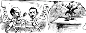Rival factions. The cause of the trouble : " Who is to occupy the hair?" rJ  Mr Lennox takes a stand���on the desk. " Gentlemen, this is a question for the ratepayers. lama ratepayer." (Observer, 11 October 1902)