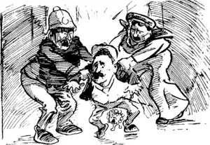Jack Tar and Bobby (simultaneously): Ah! we've got you, you scoundrel! Hands up ! Keep quiet, or we'll clap the darbies on you. (Observer, 07 February 1903)