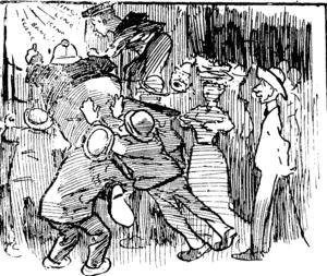 Scene of great excitement outside a Queen-street jeweller's shop��� Alarm bell-ringing at tup ; crowd, impatient to capture burglar, hoist a Jack Tar and policeman over the front gate to investigate. (Observer, 07 February 1903)