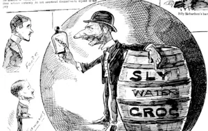 THE IN FORMERS  "It was au easy job ami good  money  ������==��� x  BREAKING DOWN SPIRITS IN THE KING COUNTEY. Sly grog Seller Ooe bottle of whisky makes a barrel of sly-grog.  Same sly-grog shop when the policeman's on the iol (Observer, 12 December 1903)