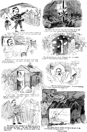 Captain, Willie Mpier's Coastguards go under canvas. The Captain prefers a feather bed under boards, arid  has an unpleasant experience. (Observer, 30 January 1904)