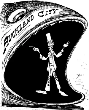 NEITHER PHYSIO NOR FOOD.  The Mayor (Mr J. W. Shackelford) gave notice for a special meeting, when he would move that a poll of the electors of Grey Lynn be taken to constitute the City of Auckland and Grey Lynn one borough.  Tk*< BtyFvtfi: If a nil very fine, Mr, Grey Lynn, to play the sacrificing martyr before the public. There's not much of you to hurt me, but 'am-'I com* petted to swallow you f ���;;..,.'���. , (Observer, 26 March 1904)