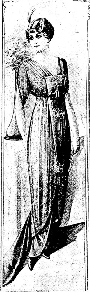 Evening BeceptionGown. The skirt of tango satin veiled by a lemon coloured silk muslin tunic beaded with gold and silver. Pearl embroidery trims the bodice, while a satin gore trimmed with pearl motifs is arranged in front and behind. (Observer, 04 April 1914)