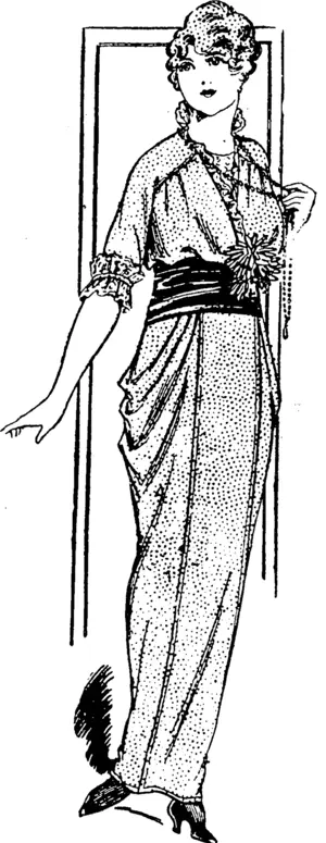 Draped skirt with a panel front. The collarless neck and the elbow sleeves are finished with frills of lace. The waist is swathed with a deep sash com ��� posed of a crossway strip of material. (Observer, 11 April 1914)