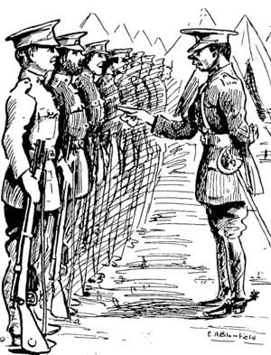 IN CAMP. Officer; Murphy, you haven't shaved'tthis morning. [I spoke to you about it before. Why didn't you see to it ? Private M.: Bedad ! the tent was that crowded 1 must have took o'Toole's face for mine! (Observer, 18 April 1914)