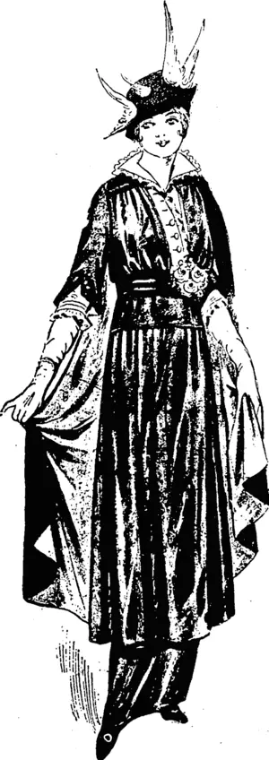 A French gown of taffeta or crepe, with tunic gathered to hir> yoke. The sleeve is very, new, opening over' a full sleeve of soft net edged with a frill. The collar and vest can be of net. lace or silk. Long cape lined with silk. (Observer, 21 November 1914)