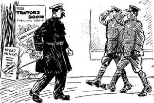 Jieprinted from London " Opinion.' EMBARRASSING. Hiaqins, the picture palace attendant, is mistaken for a real General by two newly-enlisted lerritorials. (Observer, 12 December 1914)
