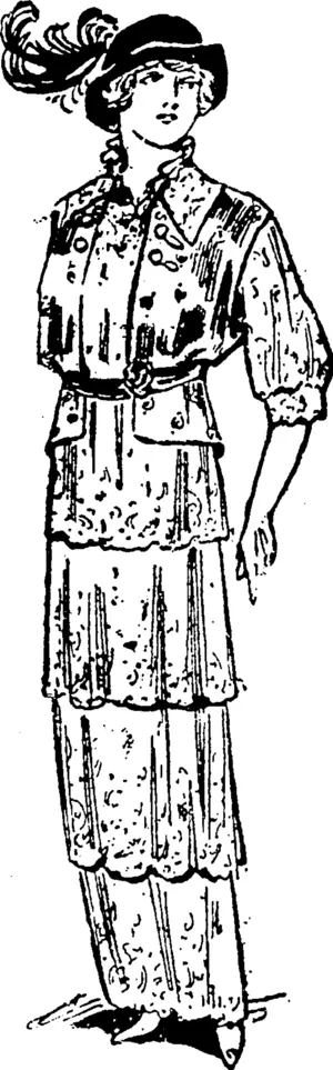 A SIMPLE FROCK. Four frills oj lace fashion the skirt of this dainty frock, with which is worn a little silk jacket. (Observer, 19 December 1914)