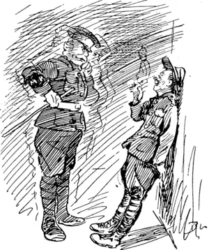 WELL STUNG. Military Policeman: Ah, you little swiper, 1 guess you're a C 2 man. Tommy Toofull: Cert'n'ly not, old feller. I'm a see three, four. five. (Observer, 26 October 1918)