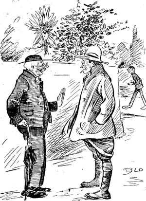 HE WAS GOING TO GET HIS DISTRICT COURT MARTIAL. Hardcase Tommy: Me? Oh, I'm just going along to headquarters to get my D.C.M. Old Curate (friend oj family,: Oh, how nice, and your uncles, aunts and cousins will be so happy and proud, too. (Observer, 09 November 1918)