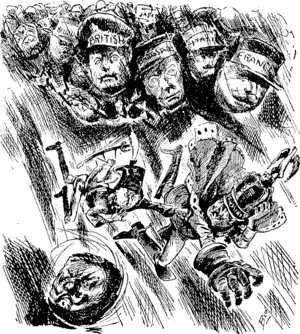 September 14, 1918. f THE AVALANCHE. A\ernus is yawning for the Kaiser and his spawn who are undergoing a hideous nightmare with their allied enemies as the terrors that drive then, to perdition. (Observer, 20 September 1919)
