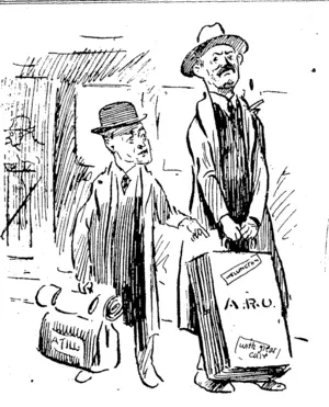 OFF TO GET THE SHIELD. Sandy McElwain (off to Wellington in charge of A uckland Rugby team J: What's this big bag for, Mr Tilly? Well, you see, George Dixon got the Shield scratched last time we brought it from Wellington. (Observer, 27 September 1919)