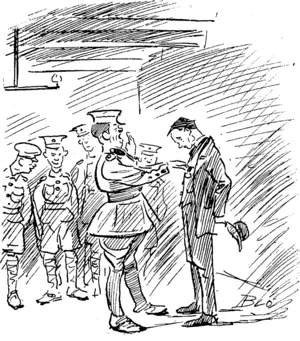 THE FORGOTTEN WAR TIME. The Medal Hero of To-day. Officer-in-Charge: On behalf of the oh-ah-um-couldn'tgetvour uuifotnTupin time, eh? Oh-um-ah-yes-jolly lucky old sport, eh? (Vavmsh (Observer, 20 December 1919)