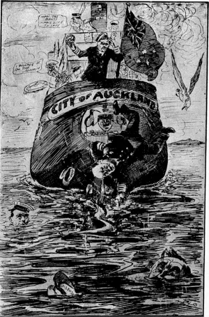 TFfE "GITirOF AUCKLAND" TRAGEDY. \ The Skipper: Another good officer-fMlenHn���slipped ov&i' mfc little"hiP of koap. Who's next, I wonderf (Observer, 20 November 1920)