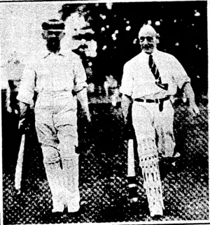 Lord Jellicoe and Vice-Admiral Hickley. These two intrepid officers opened the Flag Officers' innings and aro snapshotted at the nervous moment when they are going out to lace the future Nelsons' bowling. Lord Jelhcoo got 4, Admiral Hickley 12. (Observer, 20 November 1920)