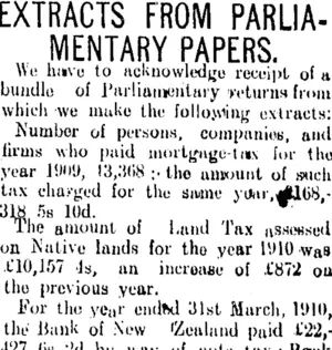 EXTRACTS FROM PARLIAMENTARY PAPERS. (Tuapeka Times 22-2-1911)