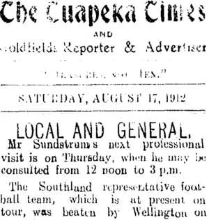The Tuapeka Times AND Goldfields Reporter & Advertiser "Measures, not Men." SATURDAY, AUGUST 17, 191... [truncated] (Tuapeka Times 17-8-1912)