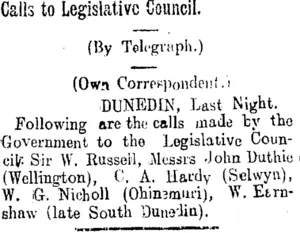Calls to Legislative Council. (Tuapeka Times 28-6-1913)