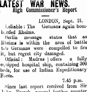LATEST WAR NEWS. (Tuapeka Times 23-9-1914)