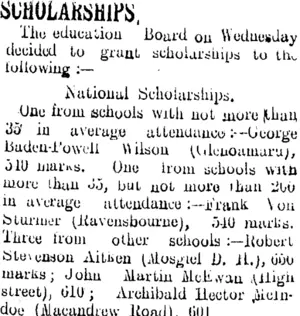 SCHOLARSHIPS. (Tuapeka Times 31-1-1914)