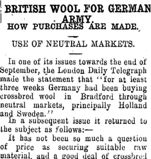 BRITISH WOOL FOR GERMAN ARMY. (Tuapeka Times 6-1-1915)