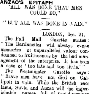 ANZAC'S EPITAPH (Tuapeka Times 29-12-1915)