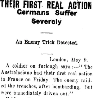 THEIR FIRST REAL ACTION (Tuapeka Times 13-5-1916)